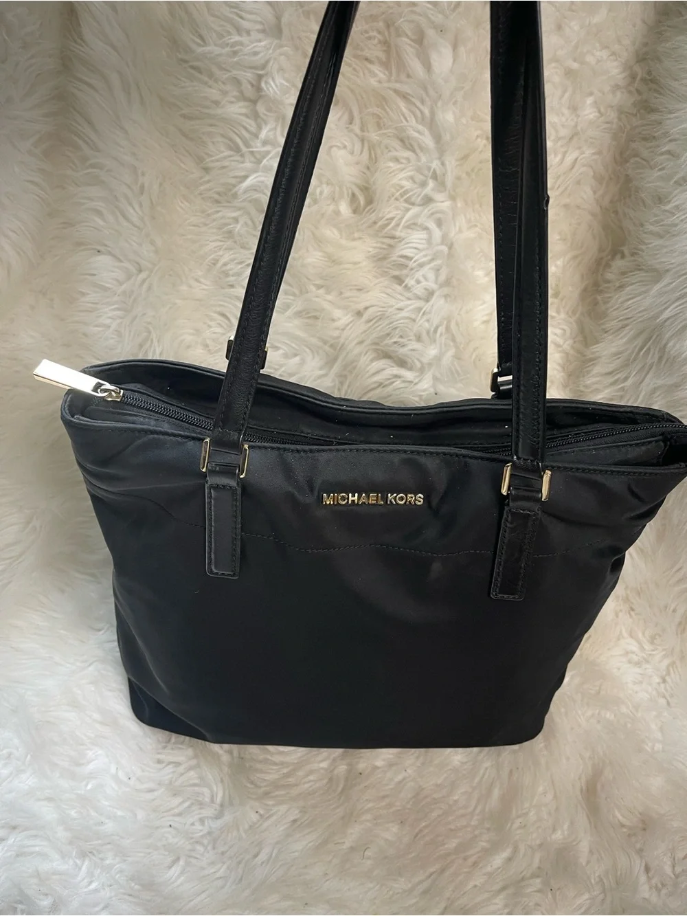 MICHAEL KORS Black Nylon Medium Tote with Gold tone Hardwares .